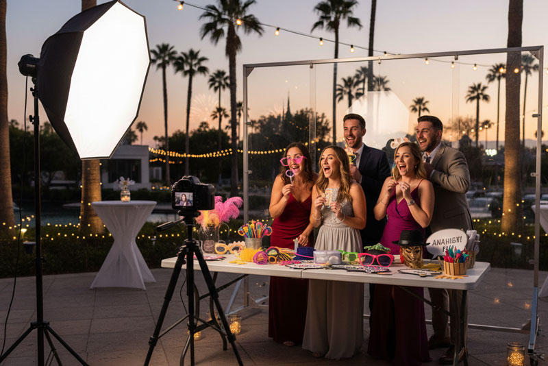 Photo booth rental Anaheim open-air setup with professional lighting, props, and 4x6 prints