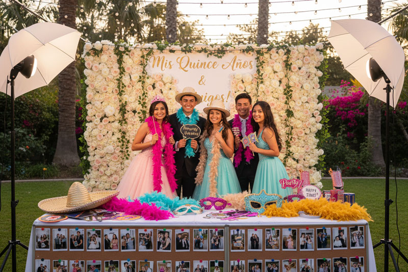 Photo booth rental Garden Grove open-air setup with professional lighting, props, and 4x6 prints