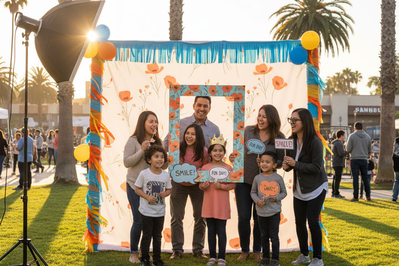 Photo booth rental Santa Ana open-air setup with professional lighting, props, and 4x6 prints